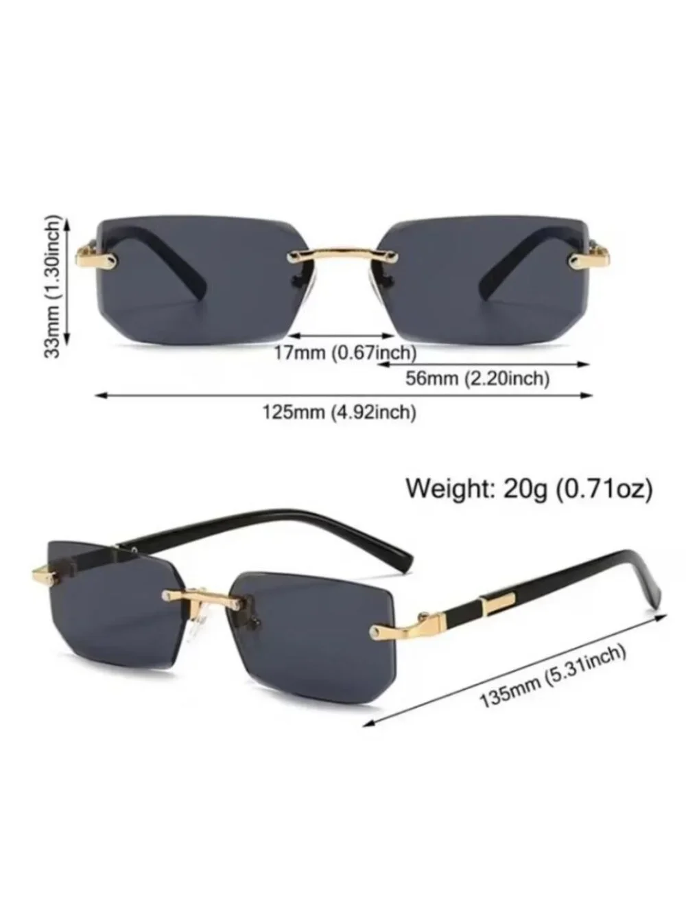 Rectangular Gradient Black/Grey Lens Sunglasses With Gold & Black Arms Unisex